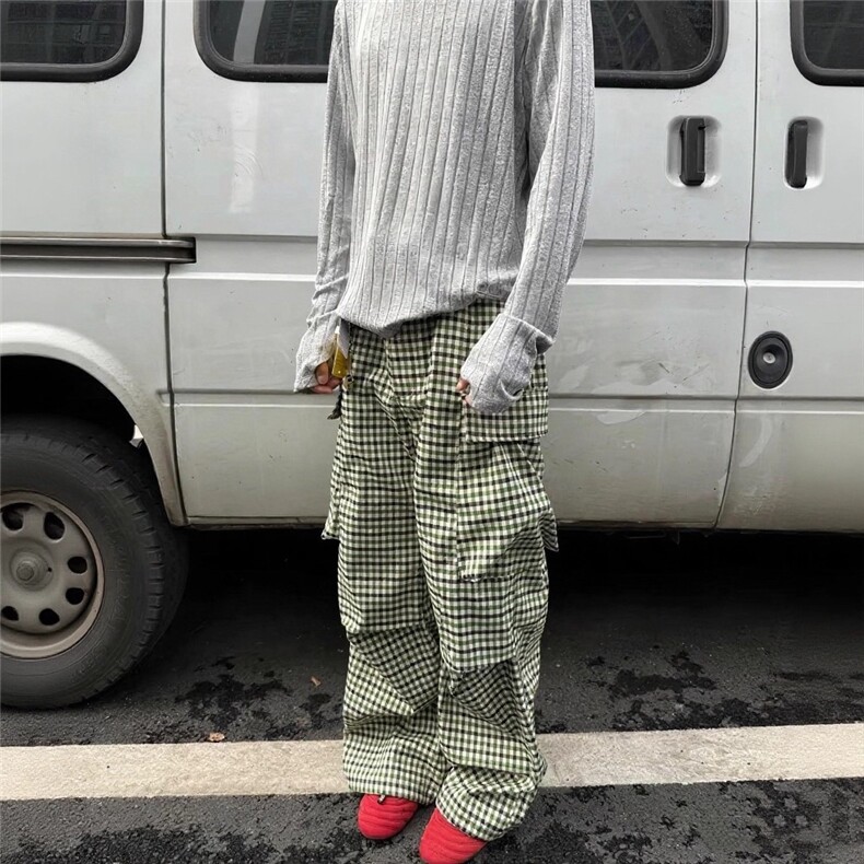 Cleanfit自主25SS绿色格纹高级街头复古口袋长裤工装休闲裤男女款,男装工装外套,星座506A