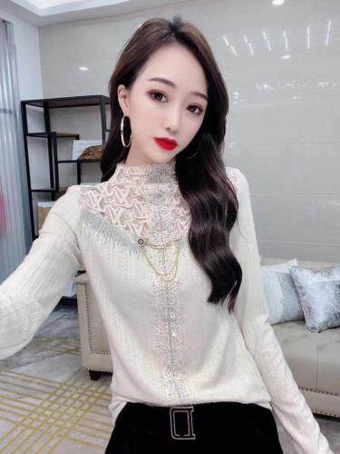 5060#新西兰羊绒针织面料拼蕾丝，性感小女人味百搭打底,女装,红妞(1F)