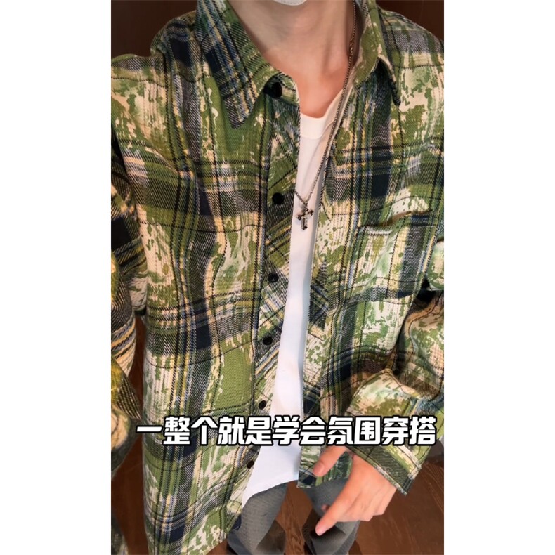 控价69 港风格子衬衫印染渐变宽松外套格子外套CS2498 P50图片
