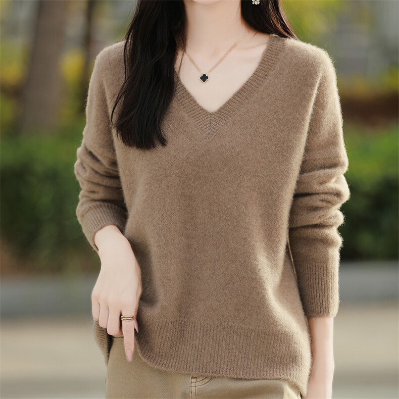 100%纯羊毛衫女V领纯色长针织毛衣宽松慵懒风羊绒衫内搭打底上衣,女装羊毛衫,越洋羊