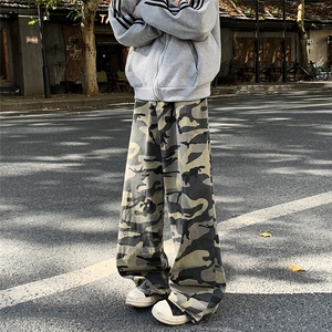 春秋款迷彩伐木工装牛仔裤男美式街头宽松休闲百搭水洗痞帅直筒裤图片