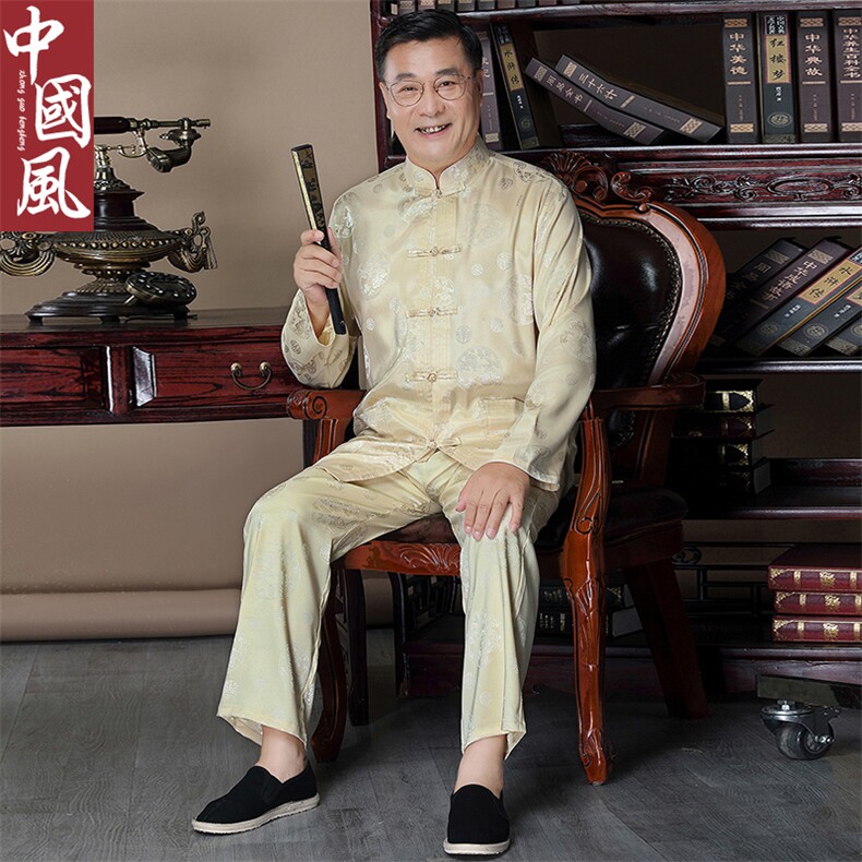 风中老年唐装男士春夏款大龙长袖套装丝绸衬衫,男装中老年男装,钱塘723