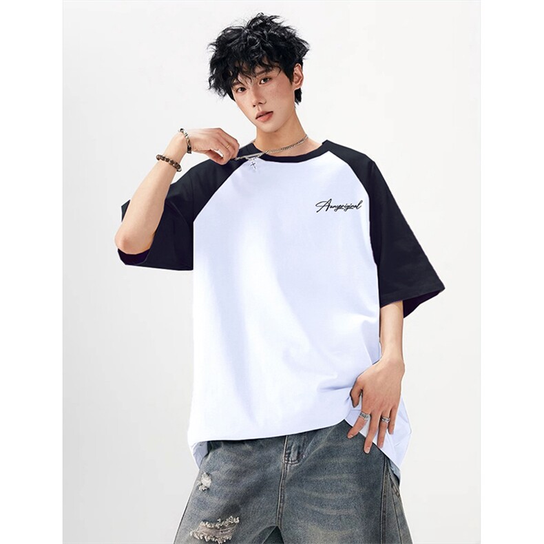 抖音得物高品质二开240克宽松纯棉美式潮牌插肩袖拼接短袖T恤，男装T恤，电商A486-1