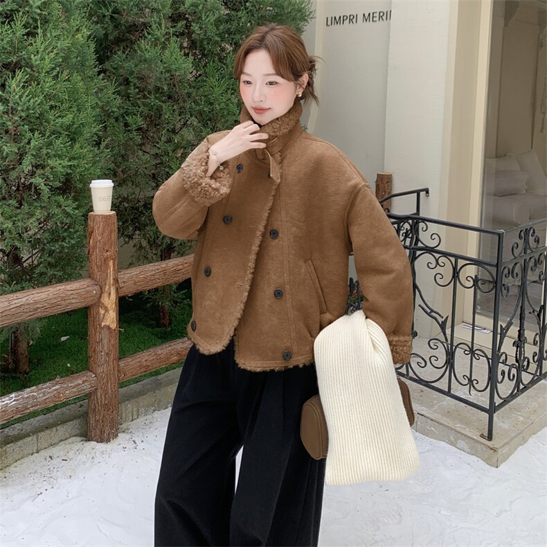 现货，210-3290-P195-288皮毛一体双排扣加厚,女装羊羔毛/颗粒绒,韩蜜菓