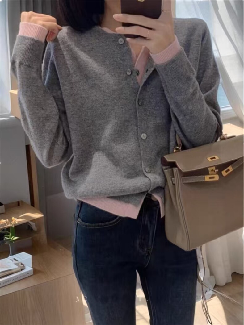 慵懒针织新款开衫圆领长袖毛衣宽松上衣外套,针织衫/毛衣,春贝羊绒