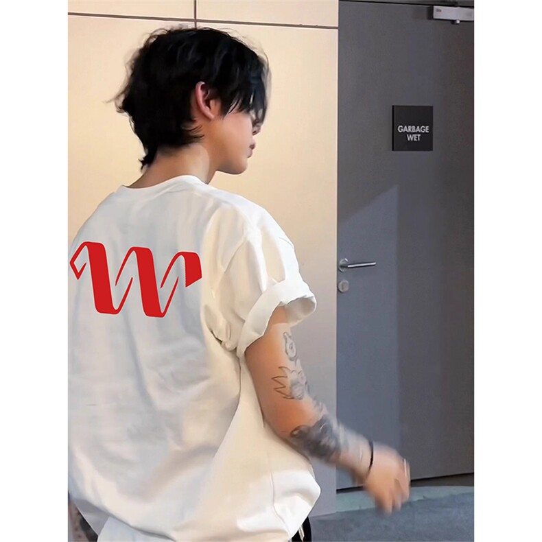 抖音得物 210克现货宽松纯棉美式潮牌印花落肩袖纯棉T恤AT211114图片