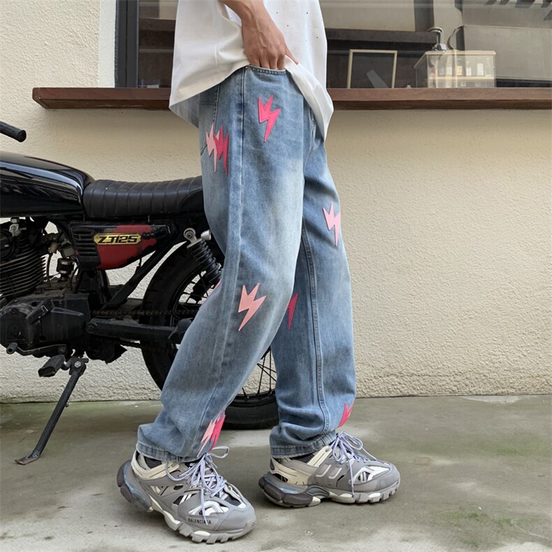 美式高街复古水洗闪电牛仔裤男女同款宽松百搭直筒潮牌休闲长裤,男装牛仔裤,四季星座505