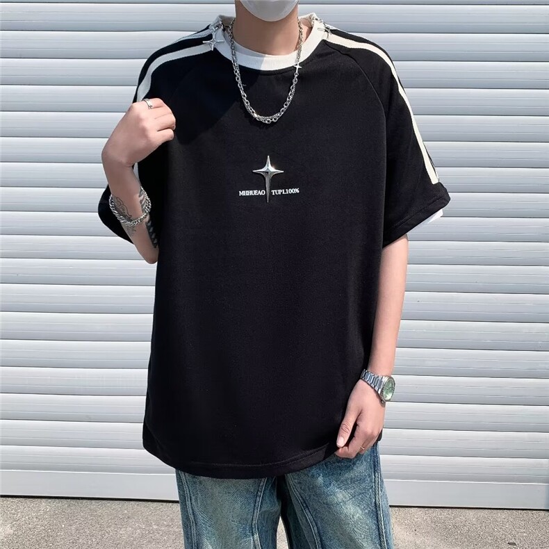 三条杠拉链露锁骨男女t恤重磅痞帅cleanfit短袖情侣七分袖~DX2501,男装T恤,星座601-2