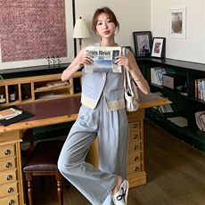 休闲浅蓝色马甲阔腿裤套装女夏2025新款爆款ootd穿搭巨好看两件套，女装套装/套裙，2C098