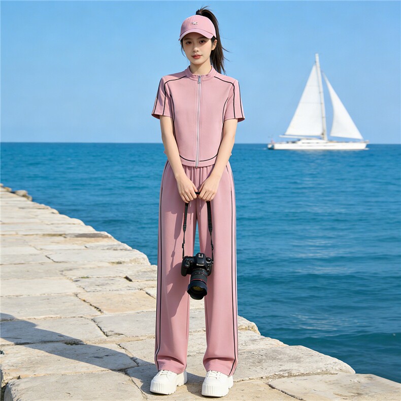 时尚休闲套装女夏新款修身显瘦条纹拼接立领开衫上衣阔腿裤两件套,女装套装/套裙,江南