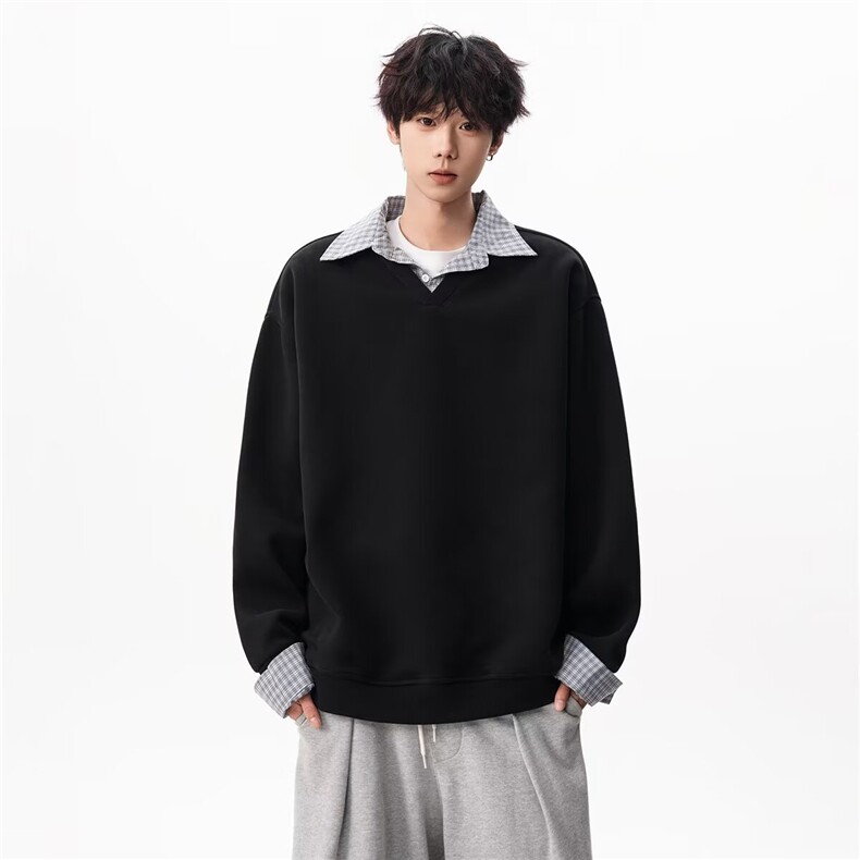 格子拼接polo衫领加绒卫衣男春秋季2025新款假两件长袖t恤上衣服,男装T恤,星座1210-1