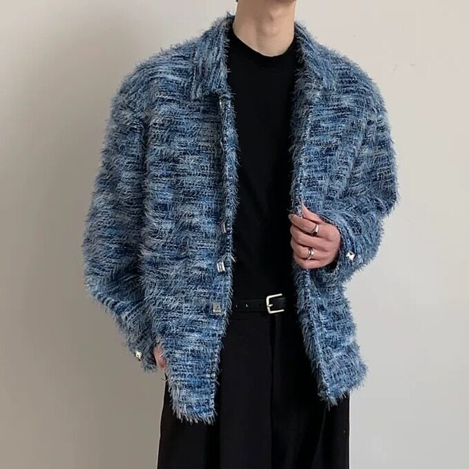 美式复古水貂绒扎染衬衫领毛衣开衫慵懒风外套设计感小众长袖上衣,男装针织衫/毛衣,星座715-4