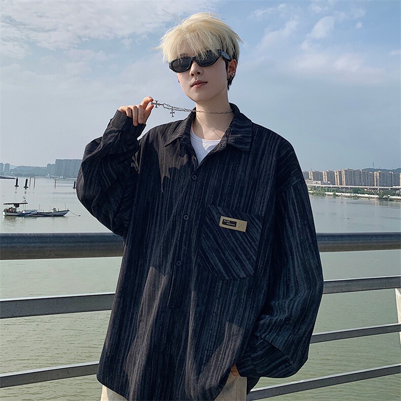 衬衫男秋季新款港风宽松大码灯芯绒扎染长袖衬衣CS3097-P42，男装衬衫，星座214-3