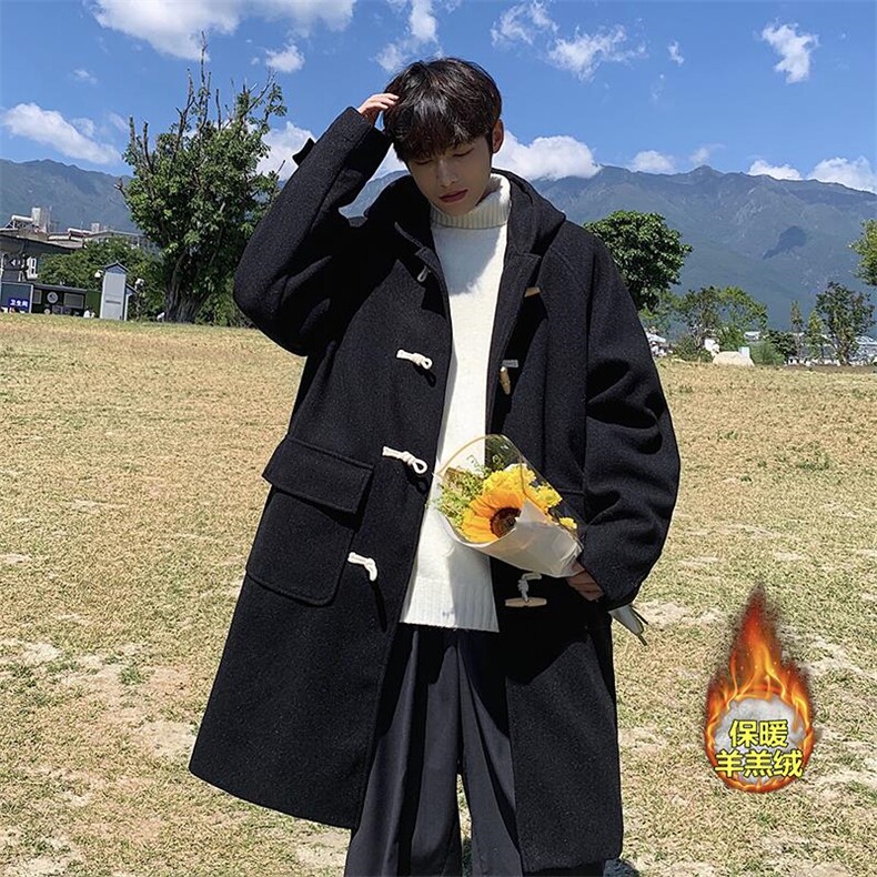 牛角扣羊羔绒毛呢连帽大衣男加厚保暖宽松大码外套J557-P125控158，男装毛呢大衣，电商A001