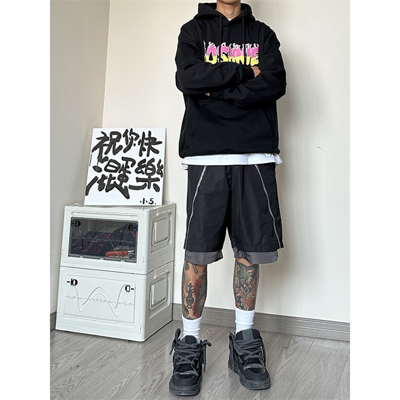 B221美式ins高街暗黑小众假两件休闲短裤五分裤LK23062-P55控78,男装休闲裤,电商B221