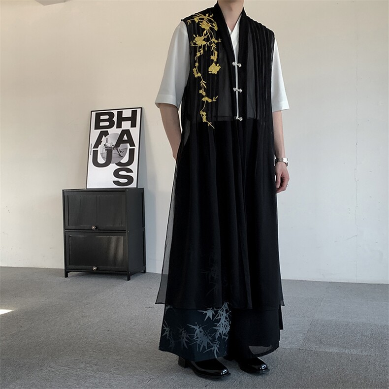夏装2025新中式轻风原创改良长款长衫马甲竹子刺绣演出服男女,男装背心/马甲,星座909