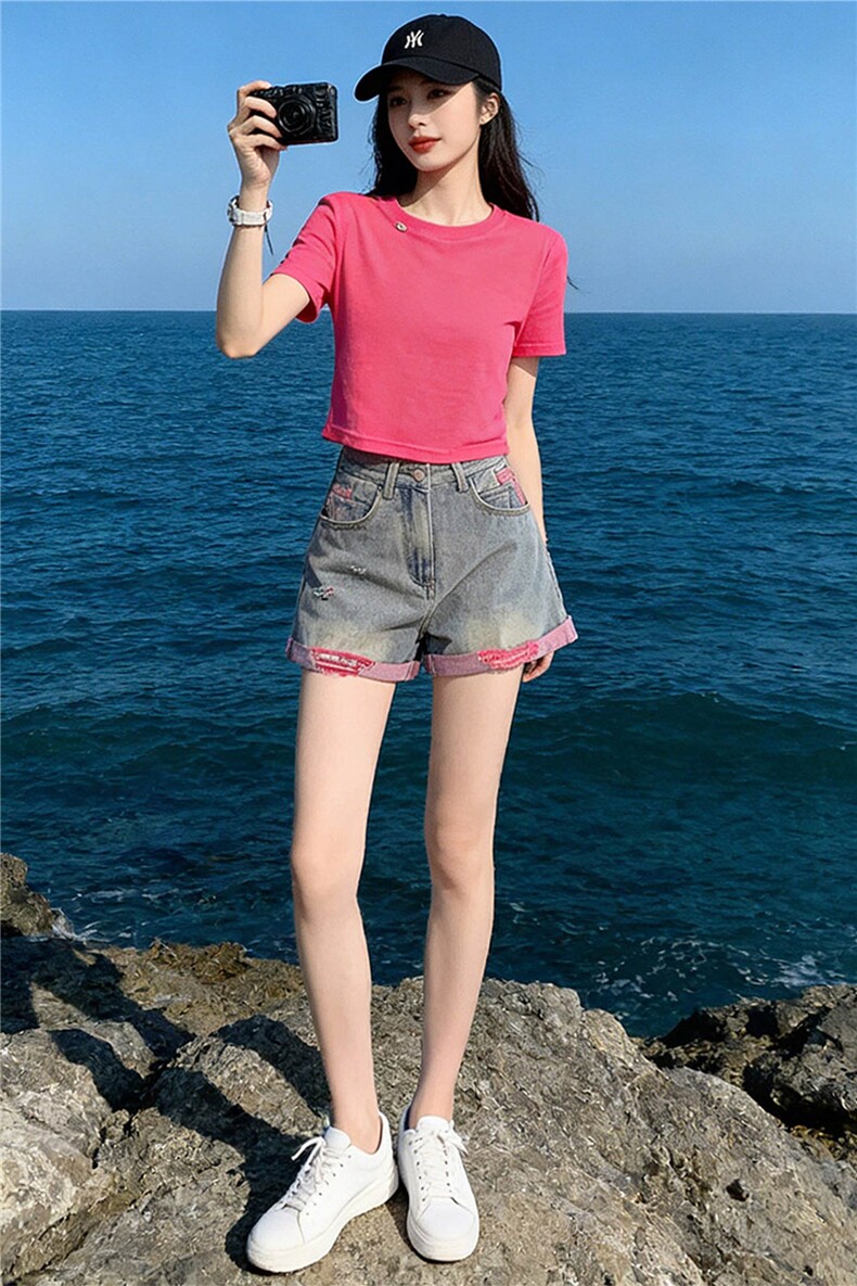 韩版休闲时尚套装女夏新款玫红色圆领短袖上衣破洞牛仔短裤两件套,女装套装/套裙,江南