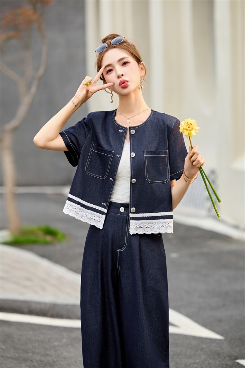 夏日ootd穿搭牛仔套装女2025新款设计感蕾丝拼接上衣阔腿裤两件套,女装套装/套裙,涵墨