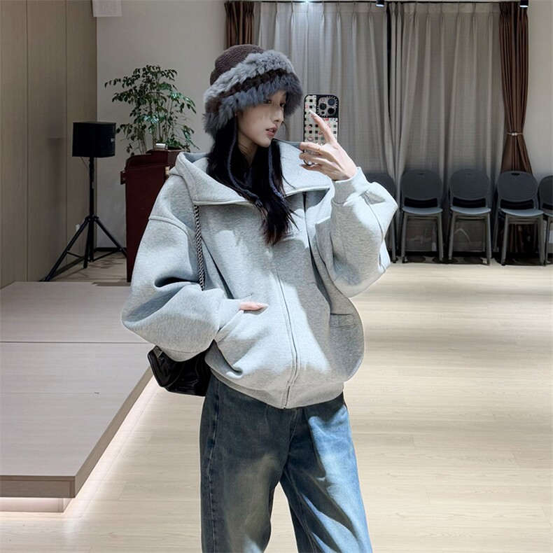 抖音得物高品质 25秋冬美式高街宽松结构防风高领连帽卫衣外套W60图片