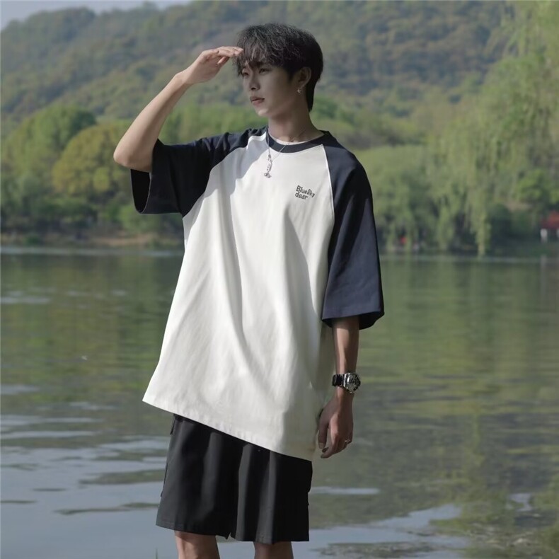 夏季港风日系cityboy短袖t恤男生潮牌撞色宽松百搭情侣五分袖体恤,男装T恤,四季星座505