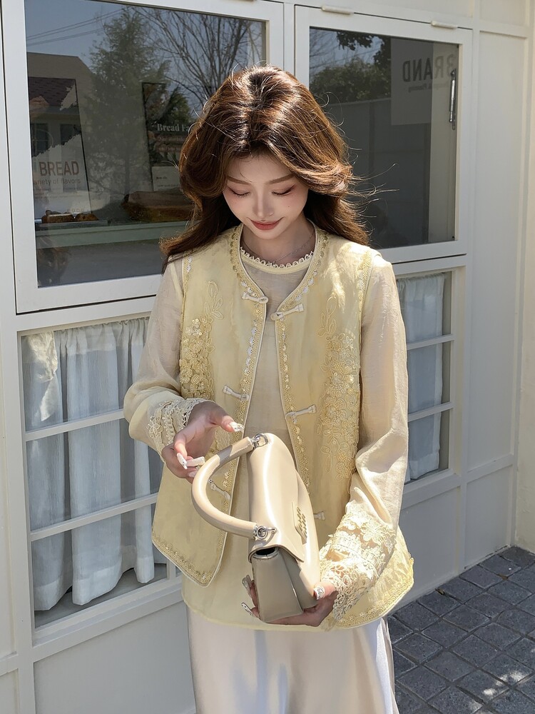 高端亚麻提花刺绣国风马甲女2025春夏新款高级感气质上衣钉珠衬衫,女装马甲,浙宝208A