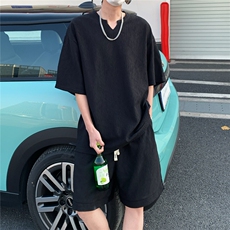 2026夏V领短袖冰丝T恤套装大码男纹理提花半袖TZ5677/特P45黑5，男装T恤，电商A094