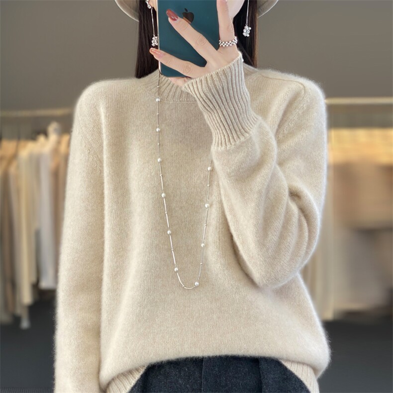 半高领加厚100%纯羊毛衫女秋冬新款纯色长袖羊绒衫宽松打底上衣,针织衫/毛衣,羿纯羊绒