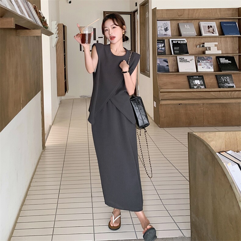灰色休闲套装女夏2024新款干练气质高级感不规则上衣半身裙两件套,女装套装/套裙,2C095