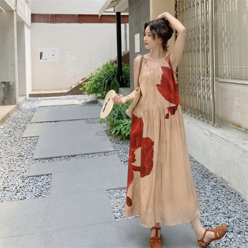 时髦浪漫简约印花连衣裙夏季2025新款甜美日系设计感高腰显瘦长裙图片