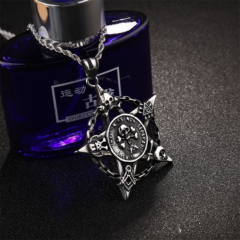 欧美复古五角星五芒星海盗骷髅头七夕情侣项链钛钢吊坠，项链，星座510A-1