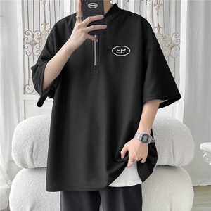 2026夏宽松潮流男五分袖T恤半袖螺纹V领拉链 T900/特P35 黑色3图片