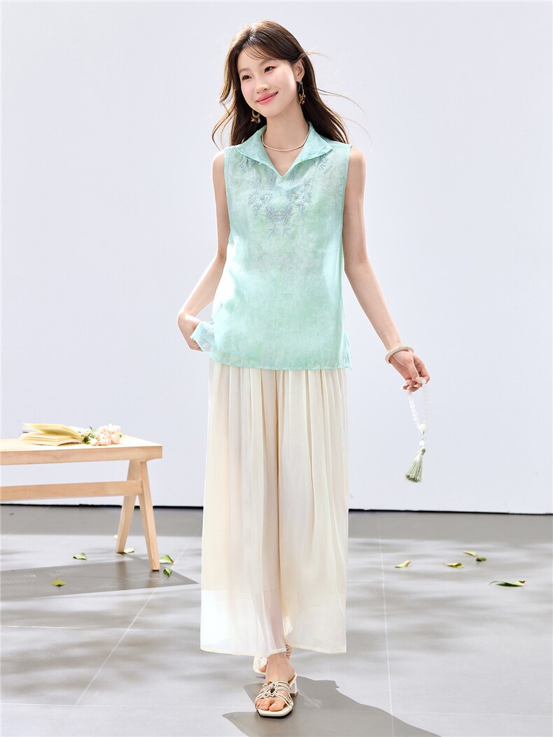 夏季新款现货！2026洋气时尚百搭款刺绣上衣+琉璃亮光阔腿裤套装,女装套装/套裙,宝儿家