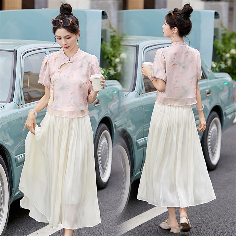 现货退货退现改良旗袍连衣裙两件套装女夏新中式年轻高端高贵优雅，女装套装/套裙，韩然一族