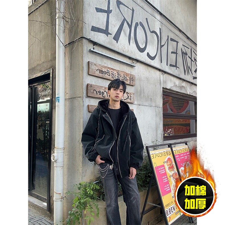 现货高品质美式高街重磅座山雕连帽pu皮棉衣男女加厚毛毛绒冬外套,男装皮衣,电商A486-1
