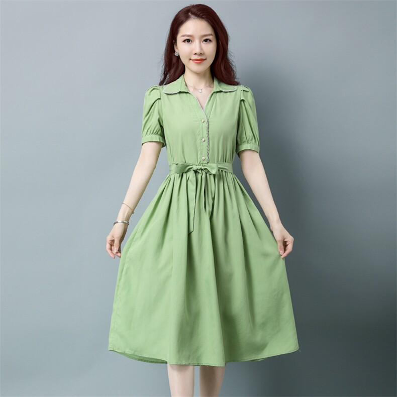 板酷2026夏装新款时尚短袖串珠装饰大摆中长款纯色连衣裙B633，女装连衣裙，板酷