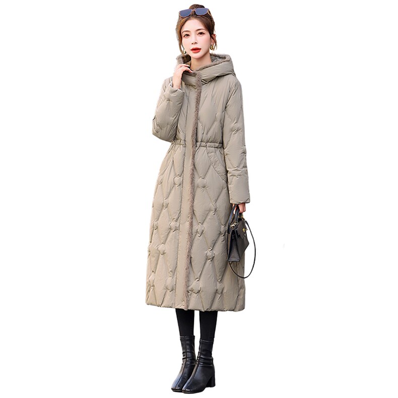 现货！专柜品质！2023冬装新款羽绒服女长款连帽时尚抽绳外套白鸭,女装羽绒服,铭街依杨