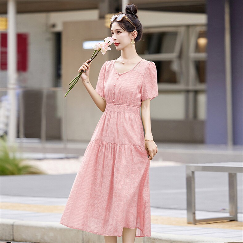 时尚气质优雅短袖连衣裙女2025夏季新款收腰显瘦休闲长裙,女装连衣裙,曼琳思菲