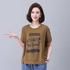 时尚宽松印花拼接短袖T恤女夏季新款韩版百搭显瘦休闲上衣，女装衬衫，叶笙衣