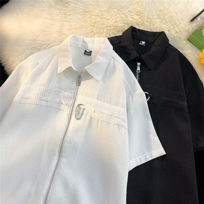 华夫格设计感拉链衬衫男韩版高级小众金属痞帅短袖衬衣潮-T1109,男装衬衫,星座601-2