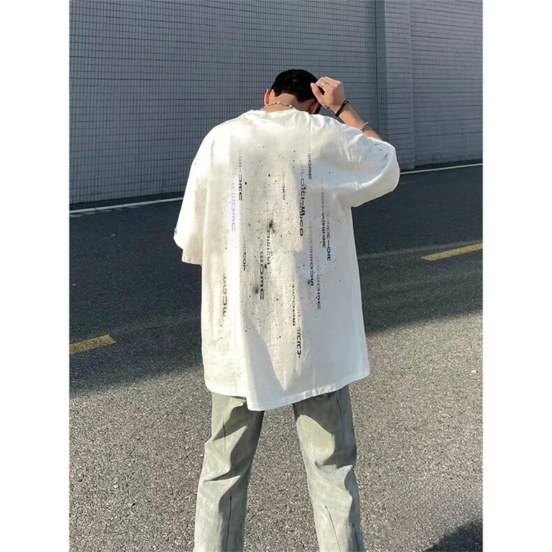 抖音得物供货210克现货宽松纯棉美式潮牌印花落肩袖纯棉T恤AT2173图片