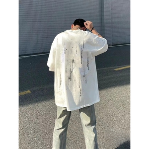 抖音得物供货210克现货宽松纯棉美式潮牌印花落肩袖纯棉T恤AT2173图片