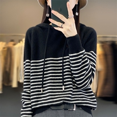时尚条纹连帽针织衫女秋冬季新款宽松显瘦长袖毛衣外套百搭上衣，女装针织衫/毛衣，大美人高端店