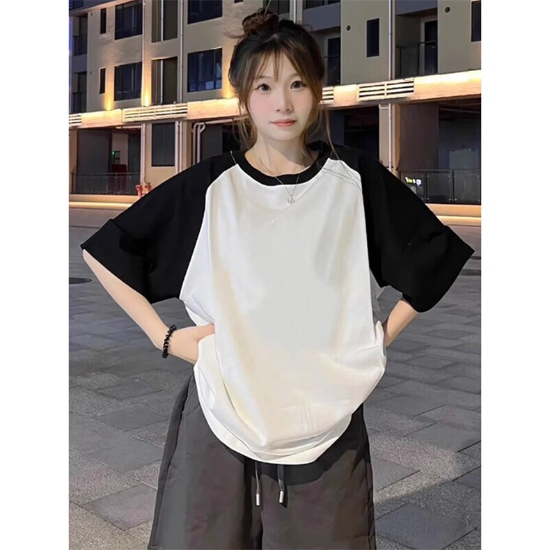 抖音得物高品质二开240克宽松纯棉美式潮牌插肩袖拼接短袖T恤图片