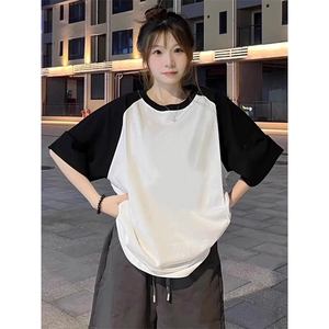 抖音得物高品质二开240克宽松纯棉美式潮牌插肩袖拼接短袖T恤图片