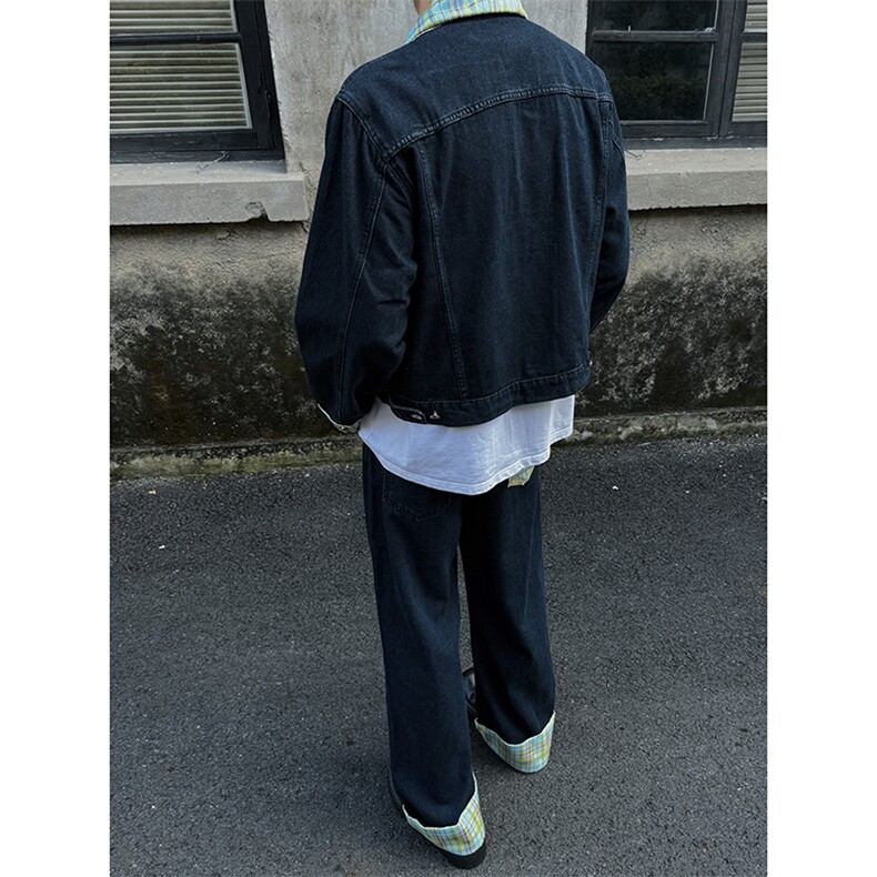 秋季新款港风美式拼接款格子牛仔外套+牛仔裤两件套男TZ122-P55,男装牛仔裤,星座313A(原308A-2)