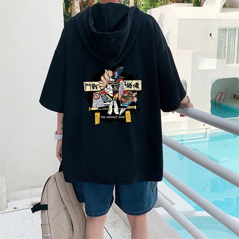 LD54016-P45连帽短袖t恤男大码胖子带帽五分袖中袖,男装T恤,电商A040
