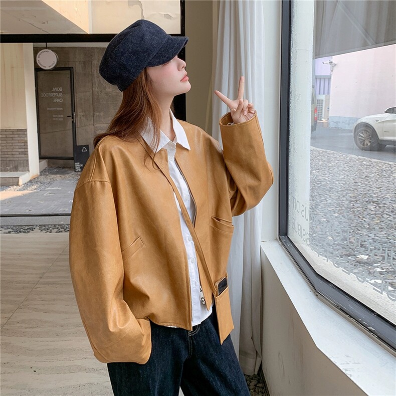 气质皮夹克美拉德色短款皮衣外套女秋，女装皮衣，浙宝212A