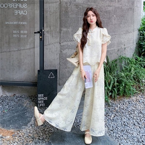 新中式国风氛围感休闲套装女2025夏季新款设计感上衣阔腿裤两件套图片