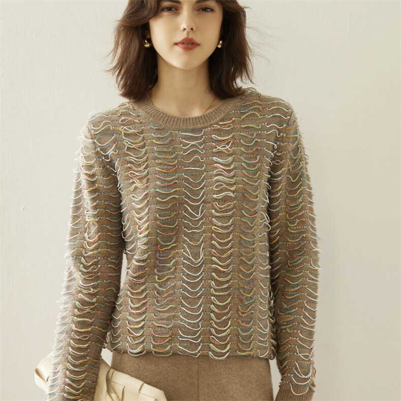 秋冬季新款舒适时尚百搭女士彩虹线重工圆领35%羊绒衫，女装羊绒衫，戎美山