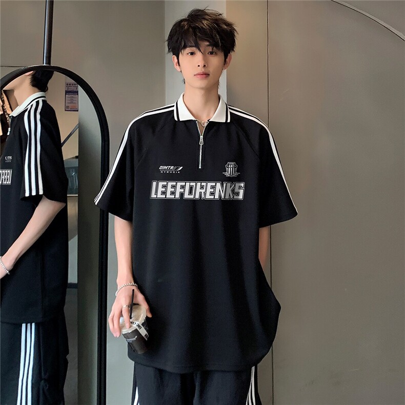 半拉链翻领设计感POLO衫条杠美式复古休闲男女同款短袖T恤T94-P38，男装T恤，电商C307